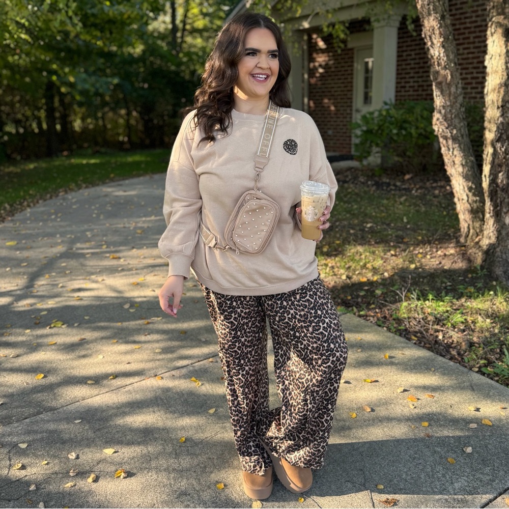 Aerie Matching Tan Leopard Lounge Set. Sweatshirt M Pants XL